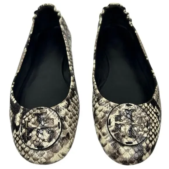 Tory Burch Minnie Travel Ballet Flats, python-embossed leather exterior. Size 9 - Picture 7 of 10